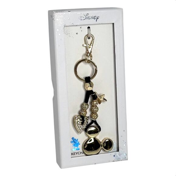 Disney Mickey Mouse Bag Charm Key Ring Crystal Heart Purse Accessory Gold Box - Picture 6 of 6